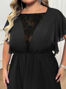 SHEIN CURVE+ Vestido de talla grande para mujer con mangas de volantes de malla bordada y parches, elegante para el verano/campo/vacaciones en la playa/atuendos de playa/ropa de playa - Negro - Ver 9