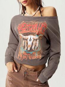 Bohemela Solid Color Knitted Oblique Shoulder Loose Distressed Long Sleeve Sweatshirt For Women - Brown - View 6