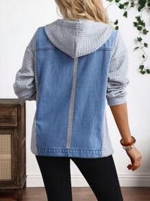 EMERY ROSE Women's Casual Button-Up Denim Hooded Jacket, For Daily Wear - Blue - View 2