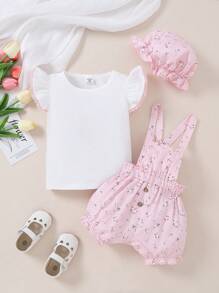 3pcs Baby Girl Set: Knitted Top With Cap Sleeves, Ditsy Floral Printed Pinafore Shorts, Hat - Multicolor - View 2