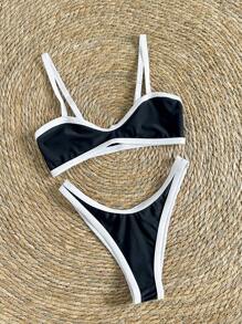 Swim Vcay 2 pièces Ensemble de bikini sexy pour femmes avec bretelles spaghetti en contraste de couleur noir et blanc pour l'été - Noir et Blanc - Voir 1