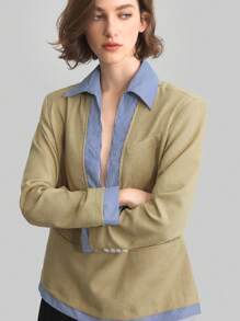 Ontre 2025新款秋季女裝素色拼接長袖極簡西裝套裝，日常通勤，老錢風，商務休閒女裝辦公穿搭 - 卡其色 - 查看 6