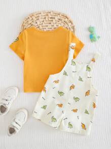 Cozy Pixies 2pcs/Set Baby Boy Soft Knit Cartoon Dinosaur Print Short Sleeve T-Shirt And Bib Shorts Set - Multicolor - View 6