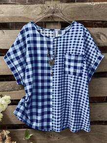 SHEIN LUNE CURVE 大码女式优雅复古拼布格子衬衫 - 寶藍色 - 查看 1