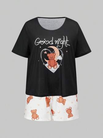 Kawaii Conjunto de ropa de estar por casa informal de talla grande con estampado de oso de buenas noches en bloques de color, para el verano