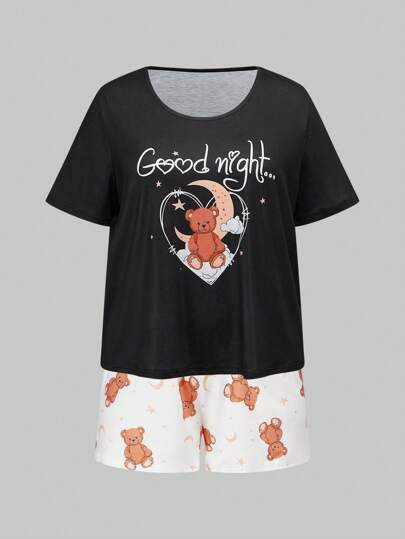 Kawaii Conjunto de ropa de estar por casa informal de talla grande con estampado de oso de buenas noches en bloques de color, para el verano