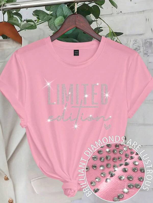 EMERY ROSE Women's Letter LIMITED Edition T-Shirt Hot Diamond Pattern Round Neck Top Casual Graphic Tees Women Tops