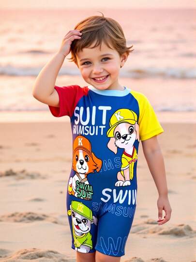 小男孩小狗图案拉链短袖防晒衣