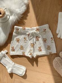 Comfortcana Women's Casual Cute Bear Print Fitted Mini Sweater Shorts, Suitable For Summer - Apricot - View 5