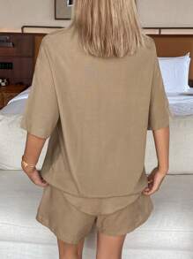DAZY Solid Color Minimalist Mother-Of-Pearl Button Decor Women Pajamas Set - Camel - View 2