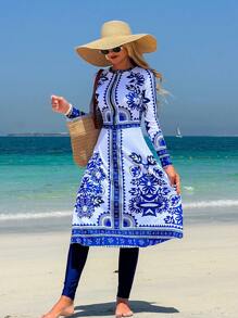 Swim Mulvari Vestido con cierre frontal con estampado de girasoles azul y blanco con estilo bohemio, con pantalones y mangas largas, conjunto casual elegante para primavera/verano, resort, playa