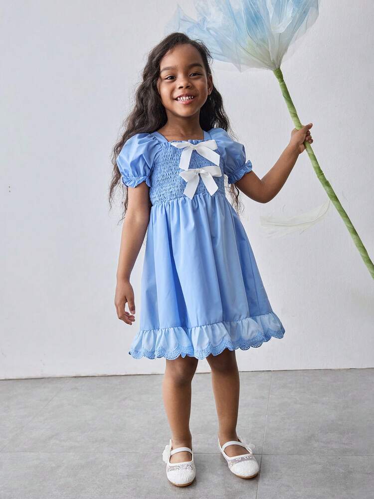 Young Girl's Casual Vintage Square Collar Puff Sleeve Waist Tie Bow Decor Flared Hem Embroidery Ruffle Splice Blue Color Dress, Fashionable Versatile Wear For Spring & Summer, Outing, Home, School
