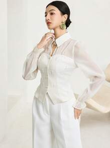 Heiryn Women's Elegant Mesh Patchwork Faux Pearl Button Front Summer Luxury Top - White - View 2