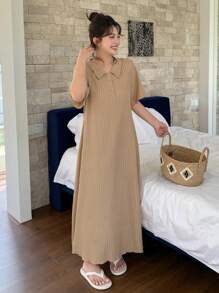 Dazy Plus Plus Size Women Casual Turndown Collar Short Sleeve Solid Color A-Line Summer Dress