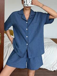 DAZY Conjunto de pijama de short y blusa de manga corta con estampado de cuadros minimalista para mujer