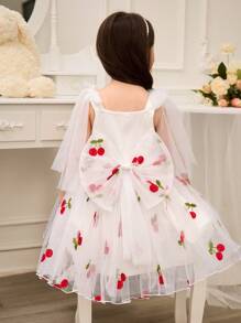 SHEIN Glamorique Kids Flower Girl, Little Girl, Princess Dress, Cherry Embroidered Mesh, Fluffy And Connected Clothes, Big Bow, White Mesh Suspender Dress, Birthday Party, Wedding, Holiday Dress, European And American Seasonal Dress, Easter, Summer, Vestido Elegance Para Fiesta - White - View 7