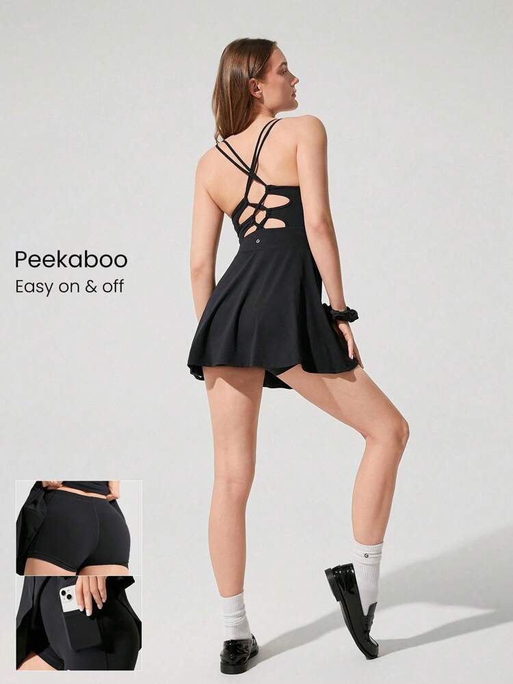 FeatherFit™-Air Sunny Days Heart Neck Double Cross Straps Peekaboo Shorts Side Pockets Non-Slip Removable Cups Dress Low Impact Tennis Golf Yoga Pilates Studio Daily Casual Wear