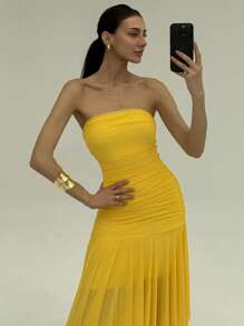 Aloruh 女士纯色黄色不对称下摆荷叶边约会/婚礼连衣裙