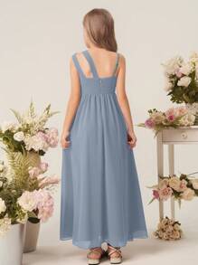 Flower Girl A-Line One Shoulder Hollow Out Floor Length Chiffon Dress For Wedding, Birthday, Party, Performance - Blue - View 2