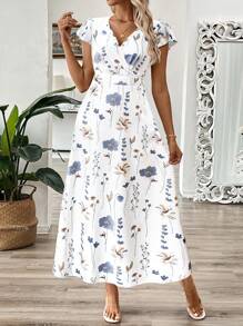 Breezaya Women's V-Neck Leaf Floral Print Long Dress, A-Line Waist Cinched Dress For Summer Women Summer Clothing