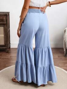 Breezaya 女式打结腰部荷叶边下摆宽腿宽松牛仔裤 - 藍色 - 查看 3