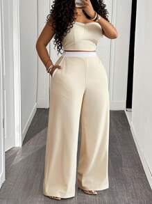 Slaydiva 2pcs Plus Size Fashion Set, Bandeau Top And Long Pants, Suitable For Summer - Apricot - View 1