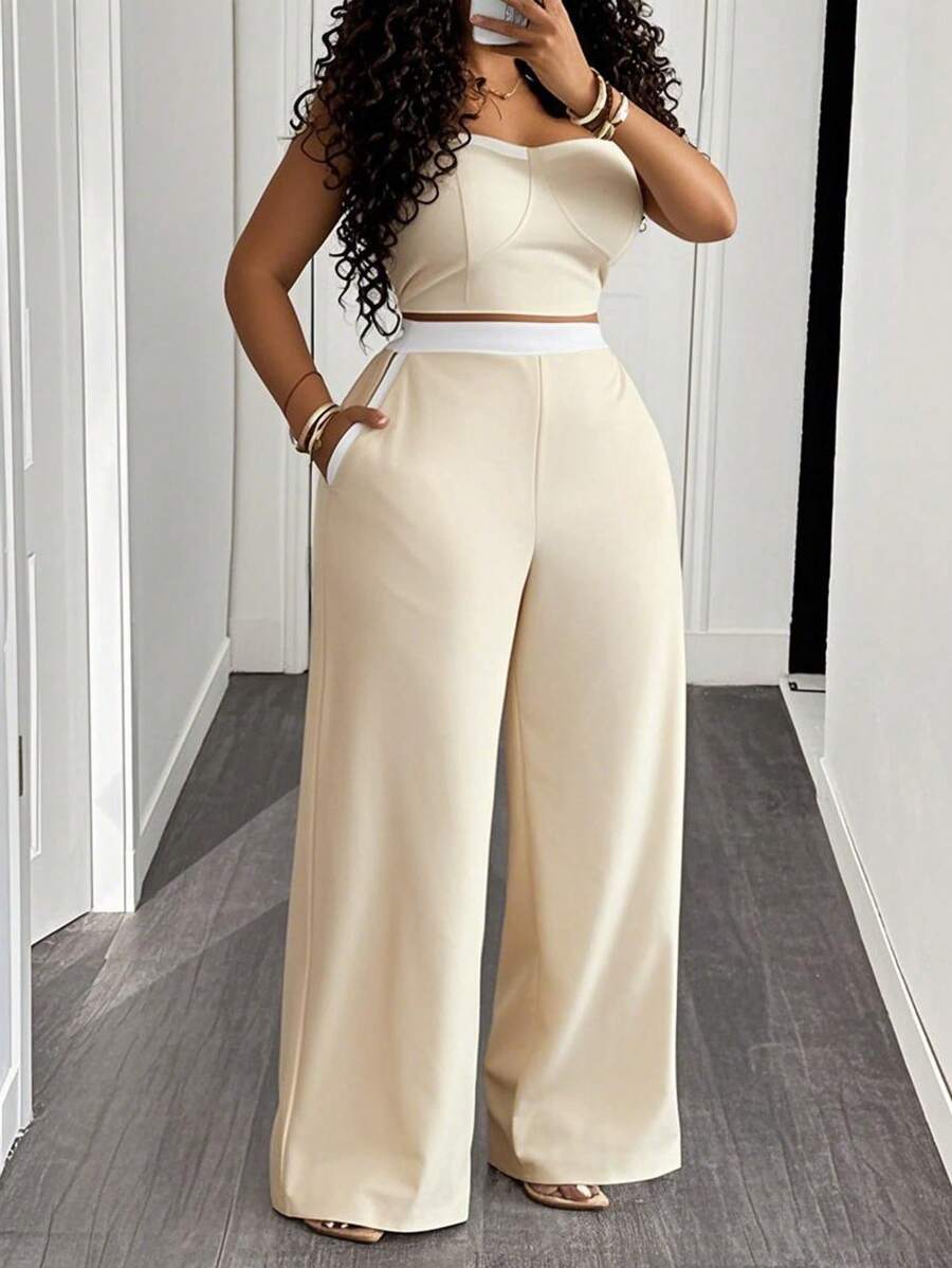 Slaydiva 2pcs Plus Size Fashion Set, Bandeau Top And Long Pants, Suitable For Summer - Apricot - View 1