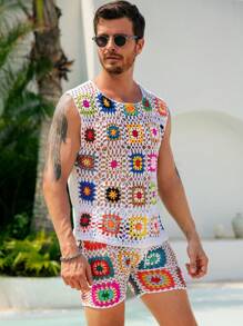Manfinity Swimmode Men's Bohemian Style Round Neck Sleeveless Knitted Top And Shorts, 2 Pieces Knit Suit Crochet