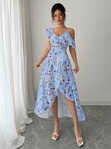 Selianne Summer Elegant Asymmetric Ruffle Hem Floral Print Dress - Blue - View 3