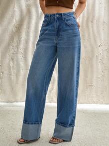 EURMUSE 女式高腰口袋阔腿宽松休闲百搭牛仔裤