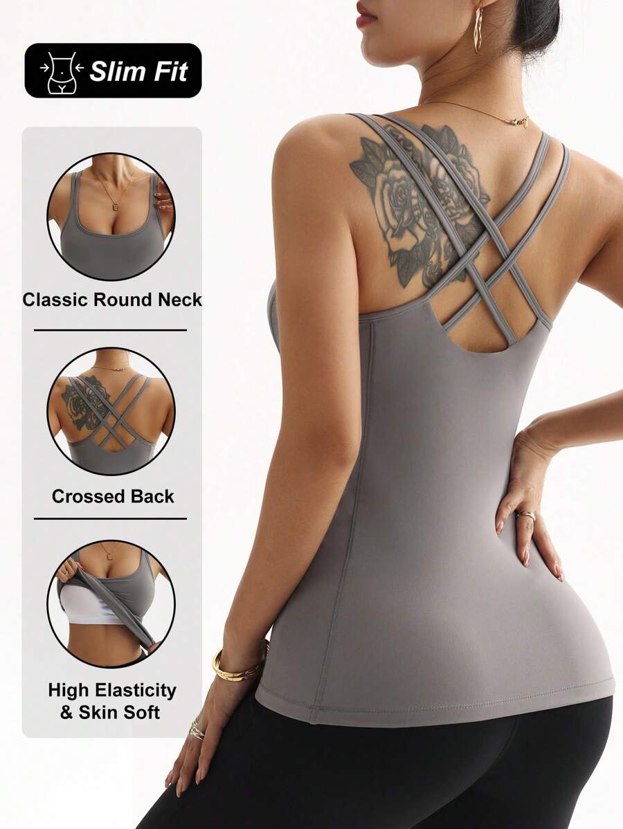 女式纯色后背交叉设计休闲健身运动背心 - 灰色 - 查看 1