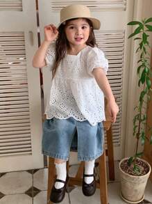 DAZY Set de 2 piezas de parte superior de manga corta con cuello y pantalones vaqueros para niñas, para verano - Blanco - Ver 5