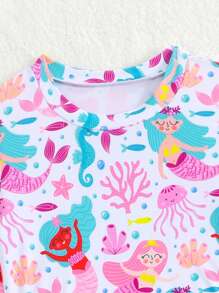 Young Girl Jellyfish Print Long Sleeve Ruffled Hem Tankini Swimsuit Set Long Sleeve Girls Swimsuit Swim Suit For Girls Long Sleeve Girls Long Sleeve Swim Suits Long Sleeve Bathing Suit Kids Long Sleeve Bathing Suit Girls - Pink - View 5