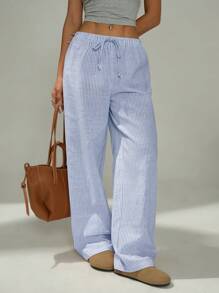 SHEIN PETITE Pantalones casuales de rayas rosa y blanco para el hogar, adecuados para primavera y verano, para damas de estatura baja