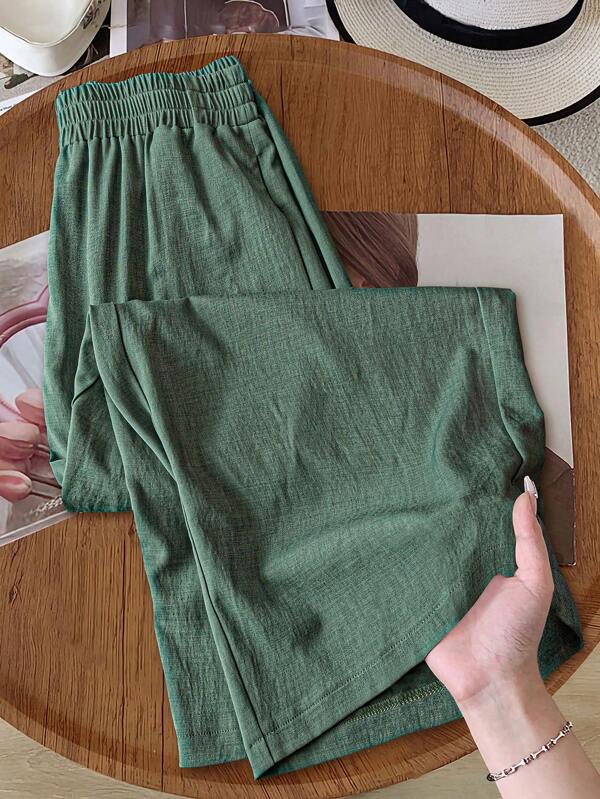 Rusticease Plus Size Country Casual Vacation Bohemian Olive Green High Waist Wide Leg Pants Suitable For Spring And Summer Vacay Vibes Springbreak Casual Wear SS Bohemia Loose Fit,Summer Pants