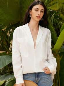 Women's Loose Casual Slouchy Dual Pocket Side Pocket Shirt - White - View 6