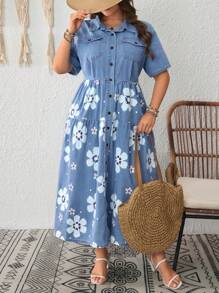 EMERY ROSE 大码女式浅蓝色水洗牛仔印花长裙，休闲度假夏季 - 淺色水洗藍 - 查看 6