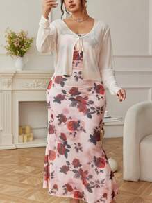 Modelyn Women Plus Size 2 Pieces Set: Net Sheer Long Sleeve Tie Front Jacket + Net Sheer Floral Print Slip Dress Fall Cloth For Women - Pink - View 4