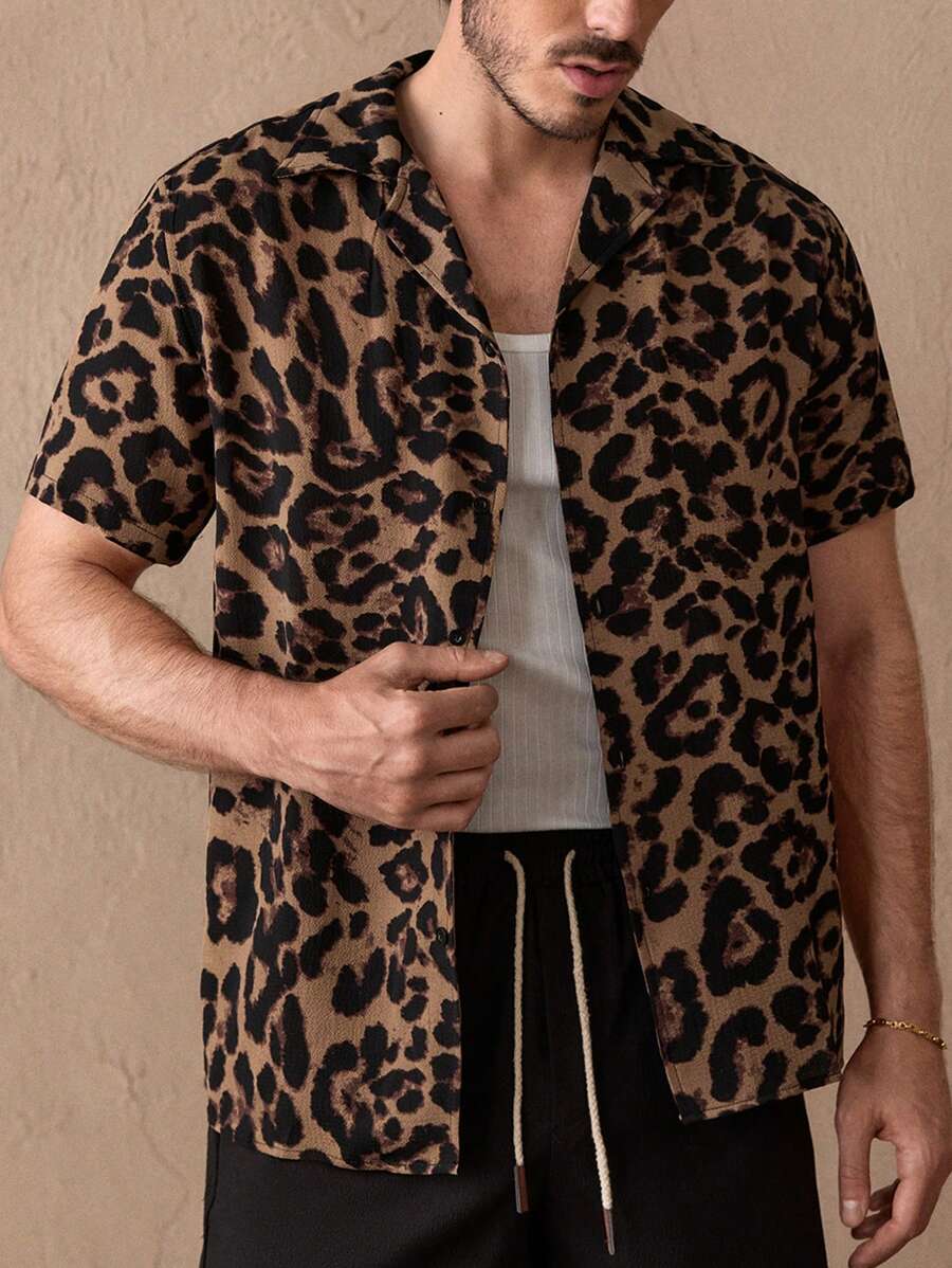 HIMLAND Men Leopard Button Front Short Sleeve Shirt - Brown - View 1