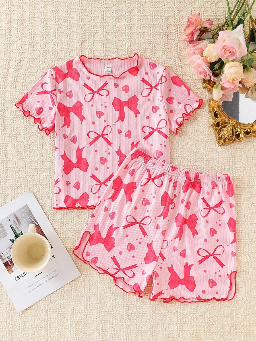 2pcs/Set Tween Girls Casual Bow & Heart Print Cuffed Shorts With Short Sleeve Top, Summer Loungewear Set - Pink - View 1