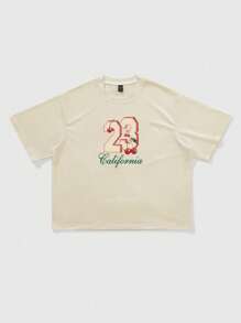 ROMWE MEN Casual Herren Y2K Streetwear T-Shirt mit US Stadt-Namen Slogan & Kirsch-Frucht-Aufdruck, geeignet für Frühlings- und Sommertage - Khaki - Übersicht 2