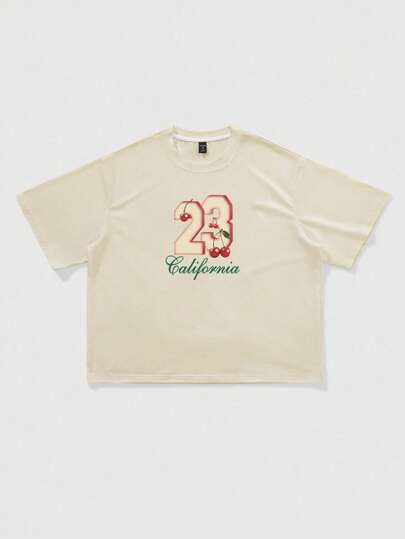 Prep Men's Y2K Streetwear US City Name Slogan & Cherry Fruit Print Short Sleeve T-Shirt, Suitable For Spring And Summer Daily Wear