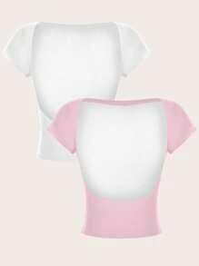 SHEIN EZwear 性感两件套露背圆领短袖短款修身T恤女款，适合夏季 - 彩色 - 查看 8