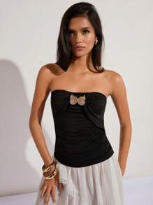 COSMINA Damen Sommer Metall Muschel Dekor Plissee Passform schwarzes Bandeau Top - Schwarz - Übersicht 3