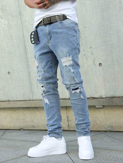 Manfinity LEGND Plus Size Men Ripped Pocket Casual Skinny Blue Jeans Streetwear Men Jeans Hang Out Going Out Party Vacation Street