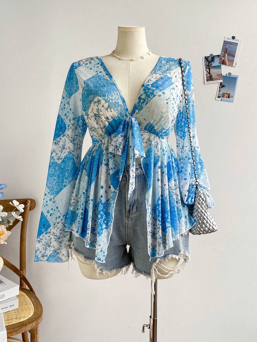 Soleia Damen große Größen Retro Blume Muster Patchwork Strick Mesh Offene Front Knotenaille Glockenärmel Top