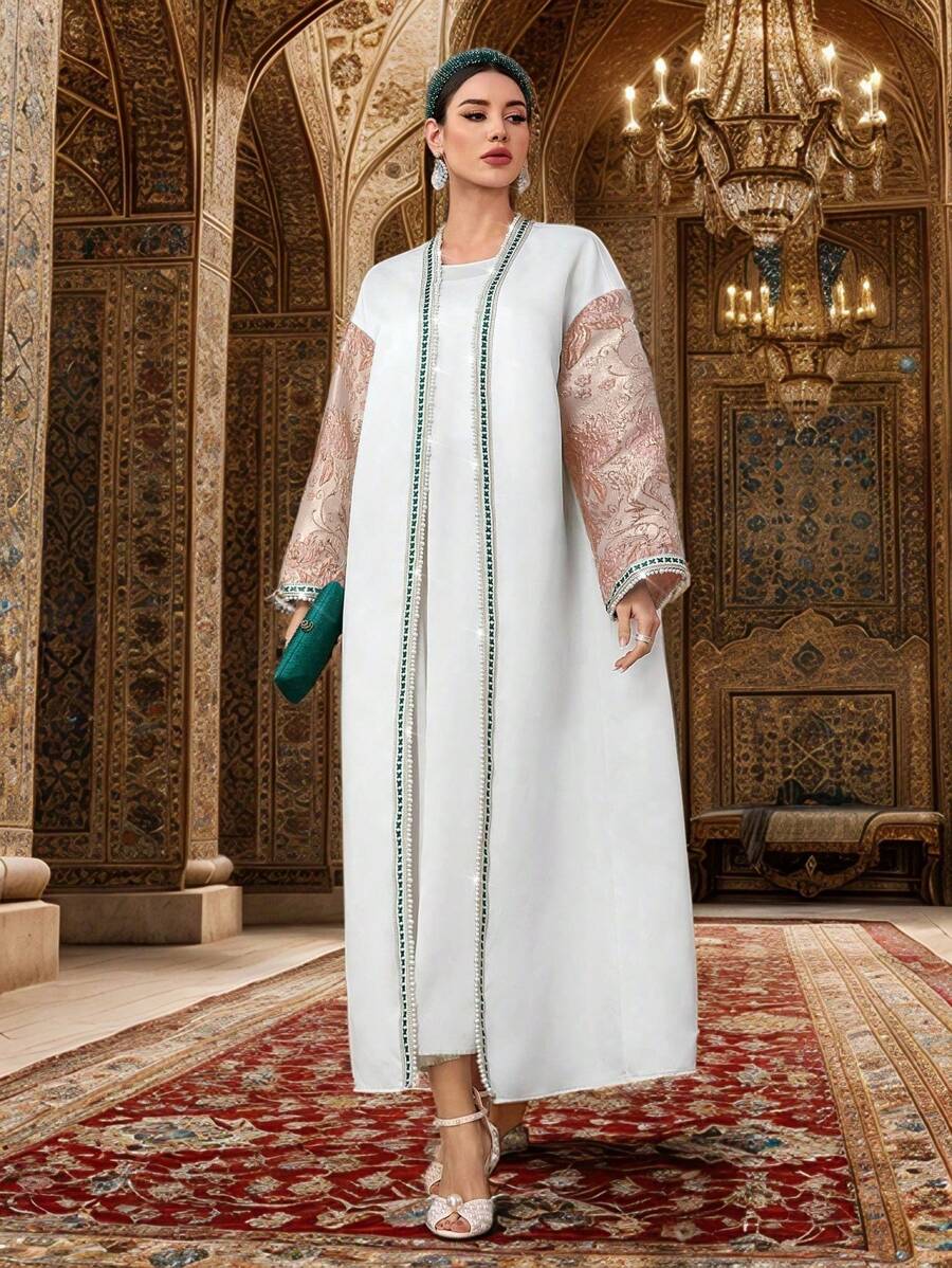 Al Najma Women's Elegant Long Sleeve Color Block Abaya, Modest Robe - Pink - View 1