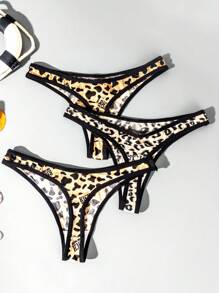 SHEIN 3pcs/Pack Leopard Print Contrast Trim Sexy G-String Panties - Multicolor - View 2
