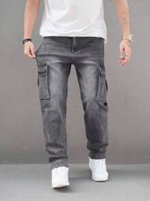 Manfinity Hypemode Men's Casual Cargo Pocket Straight Leg Versatile Denim Jeans - Dark Grey - View 7