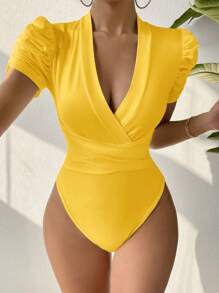 SHEIN SXY Body de manga abullonada unicolor informal para vacaciones